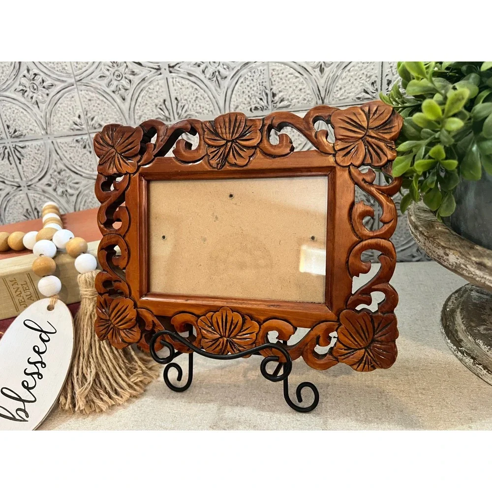 Vintage Hand Carved Wood Floral Picture Frame Boho Tropical Wall Decor 5.5x3x5